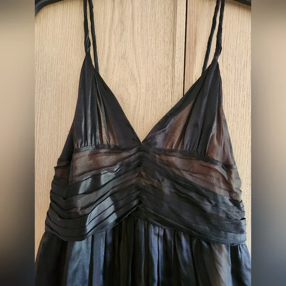 NWT Tufi Duek 100% silk black midi dress sheer striped silk over skin tone liner - Picture 2 of 8